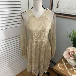 OCCULT Womens Dress *Small Beige Lace Sheath Sheer Long Sleeve Whimsigoth Grunge